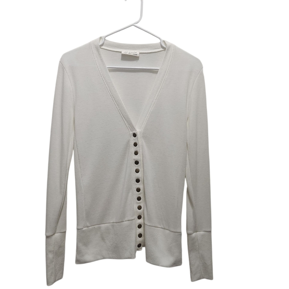 SO PERLA Ivory White Women's Size S Snap Front Ribbed Cuff Cardigan Preppy